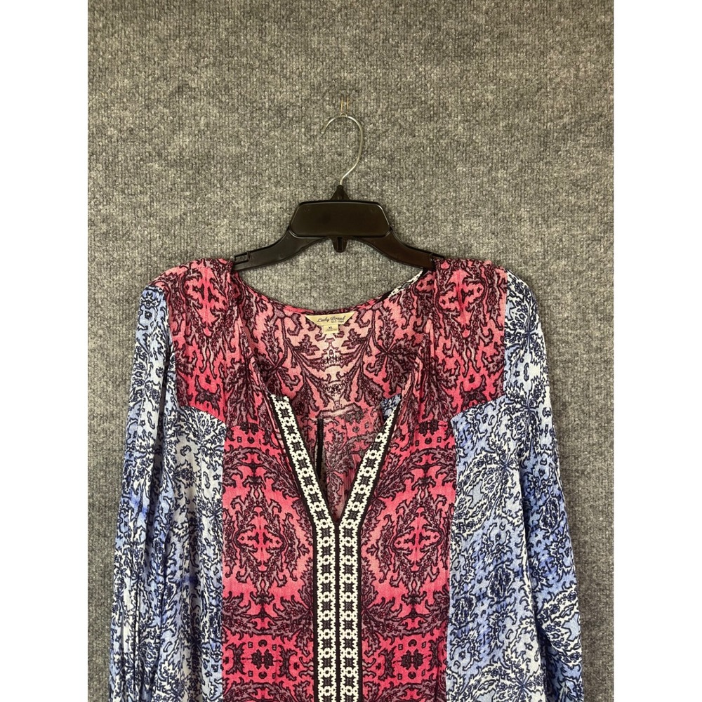 Lucky Brand Blouse Womens XL Pink Blue Excellent Paisley Patchwork Long Sleeve - Picture 2 of 14